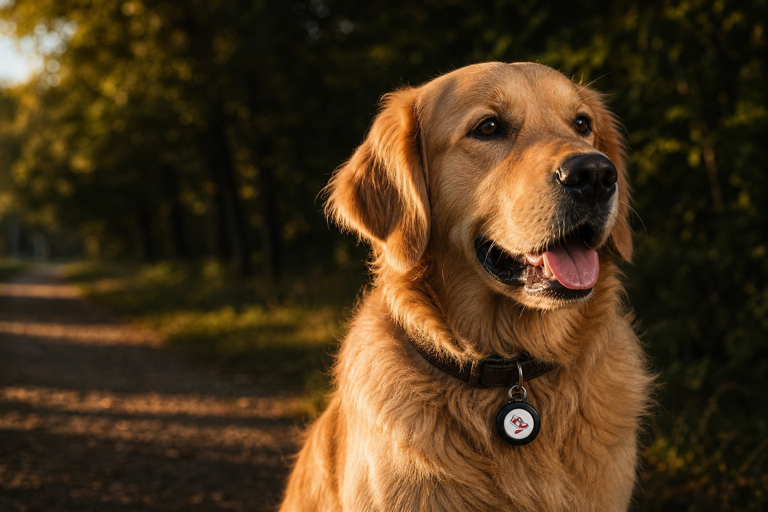 Perro con rastreador en collar durante un paseo
